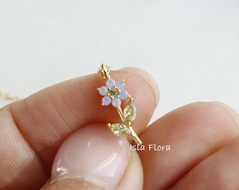Dainty Dusty Moon Blue Gem Flower Petal Necklace, Marquise Petal, Iridescent Minimalist Fine Jewelry, bridesmaid, Delicate Layering Gift