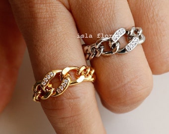 Roll on Curb Chain Ring, Crystal Paved Gold Dipped Silver Bling Ring, Stackable, Aesthetic, Fine Detailed, Minimalist, Her Gift