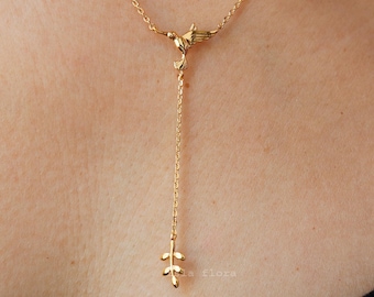 Realistic Hummingbird Lariat Y Necklace, Dainty and Bold, Gold Silver Small Bird, Peaceful Leaf Minimalist Jewelry, Bridesmaid, Gift for Her