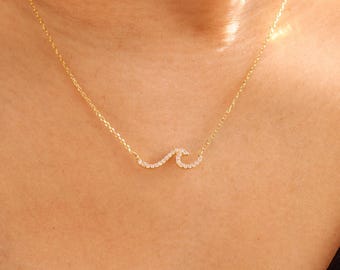 Cubic Studded Wave Pendant Necklace, Quality Made, Gold Plated Dainty Minimalist Jewelry, bridesmaid Gift