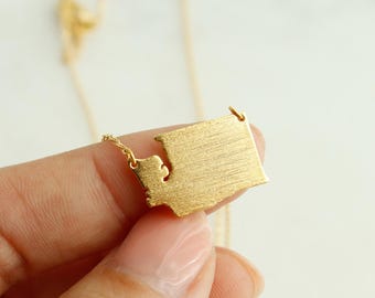 Brushed Washington State Pendant Necklace, Simple WA Outline, Gold Plated Fine Delicate, Minimalist Jewelry Dainty Necklace Charm Grad Gift