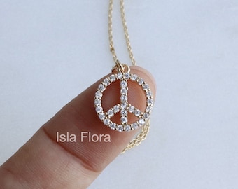 CZ Encrusted Peace Sign Necklace with Cubic Zirconia Studs - Gold, Symbolic Peaceful, Silver Chain, Minimalist, Bridesmaid Her Gift