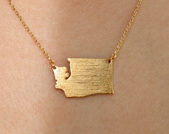 Washington State Pendant Necklace, Simple WA Outline, Brushed Gold Plated Fine Delicate, Minimalist Jewelry Dainty Necklace Charm Grad Gift