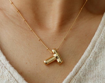 Large Chunky Letter T Necklace, Gold Plated Satellite chain, Bubble Balloon Alphabet Pendant, Personal Jewelry, Cute Bridesmaid Bestie Gift