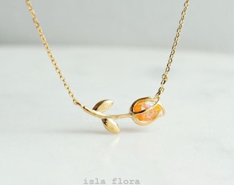 Dainty Opal Tulip Necklace, Encased Yellow Orange Spring Petal, Minimal Jewelry, Bridesmaid, Wedding Pendant, Her Mom Gift