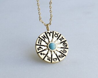 18K Gold Dipped Blue Turquoise Sun Universal Astrology Medallion Necklace | Zodiac Celestial, Energy, Minimalist Jewelry, Bridesmaid Gift