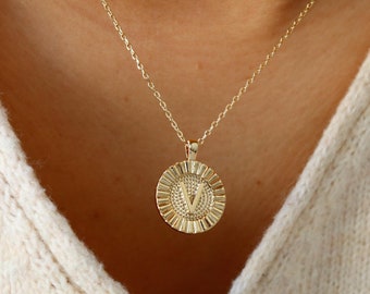 Letter V Fluted Medallion Pendant Necklace, Gold V Name Necklace, Stacking Charm, Personal Initial, Minimal Jewelry, Bestie Her Holiday Gift