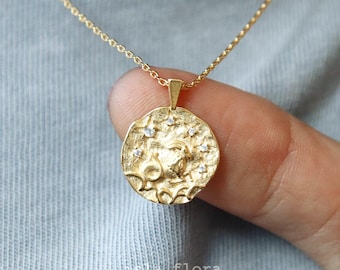 Capricorn Zodiac Necklace, Crystal Gem Paved Stamped Coin Pendant, Dainty Gold Melted Look, Minimalist Jewelry, Astrology Birthday Her Gift
