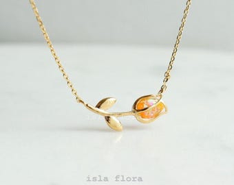 Dainty Orange Opal Tulip Necklace, Energy Charm, Yellow for Happiness, Encased Petal, Minimal Jewelry, bridesmaid, Wedding Pendant, Her Gift