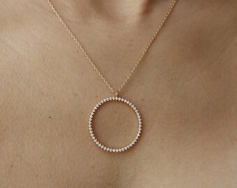 Everlasting Studded CZ Large Circle Necklace, 18K Gold Dipped Cubic All Around, Dainty Minimalist Jewelry, Statement Bridesmaid Gift