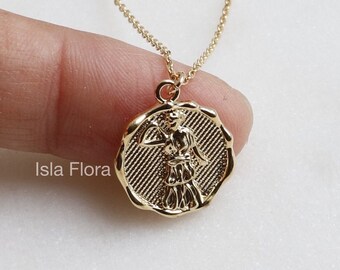 Artemis Moon Goddess Pendant Necklace, Stamped Coin Effect, Feminine, Inner Strength, Gold Minimalist Jewelry, Dainty Bridesmaid Her Gift