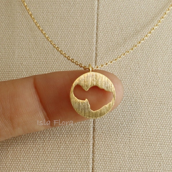 Maui Island Cutout Hawaii on Brushed Circle Pendant Necklace, Gold, Silver Paradise Keepsake, Delicate, Minimalist Jewelry, bridesmaid Gift