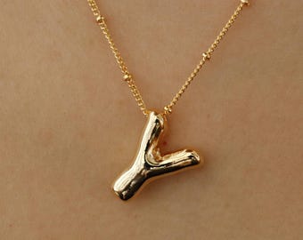 Chunky Letter Y Necklace, Gold Plated Satellite chain, Balloon Alphabet Pendant, Personal Jewelry, Cute Bridesmaid Bestie Birthday Gift