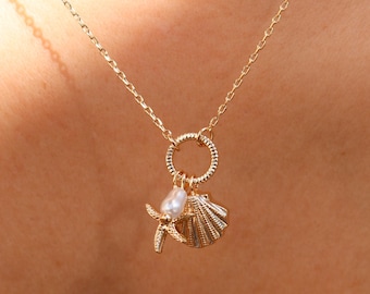 Starfish Seashell Charm Ring Necklace, Faux Pearl, Coastal Dainty Pendants, Shell Charms Jewelry, bridesmaid Wedding Her Gift