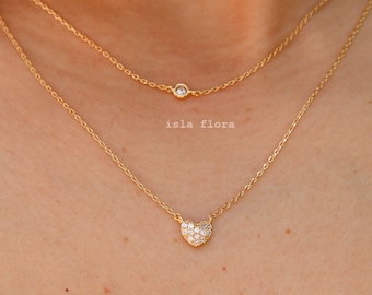 Crystal Paved Heart & Cubic Double Layered Chain Necklace, Delicate Dainty, Gold Plated, Fine, Minimal Jewelry, Bridesmaid Bestie Her Gift