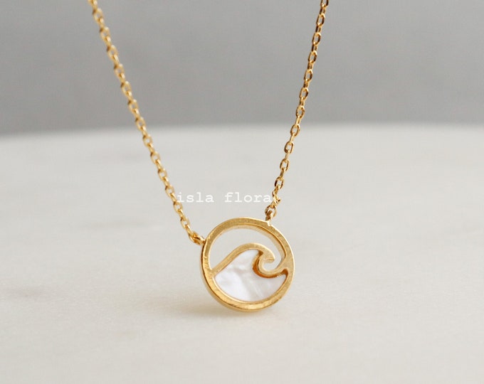 Featured listing image: Mother of Pearl White Shell Wave Coin Pendant Necklace, Dainty Gold Plated, Ocean-Inspired, Delicate, Minimal Jewelry, bridesmaid Gift Her