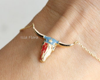 4th of July Bull Necklace, Western Charm, Enamel Texas Long Horn Cow Skull, Cowboy Star Boho, Minimalist Cowgirl, Country, Her Gift