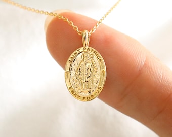 St Patrick Oval Pendant Necklace, Tiny Gold Dipped Saint Apostle of Ireland, Delicate, Minimalist Jewelry, Dainty Faith Gift