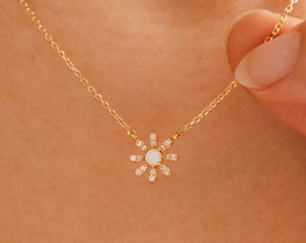 Tiny Crystal Petal Opal Flower Necklace, Dainty Daisy Gold, Minimalist Fine Jewelry, Bridesmaid Birthstone, Delicate, Daughter, Her Gift