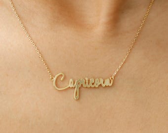 Capricorn Zodiac Word Necklace, Simple Cursive, Dainty, Minimal Stacking Jewelry, Astrology December Birthday Her Gift