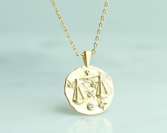 Libra Zodiac Uneven Coin Necklace, Melted Texture Pendant, Dainty Crystal Gem Paved, Minimalist Jewelry, Birthday Bridesmaid, Daughter Gift