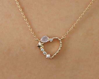 Subtle Gems Heart Necklace, Dainty Star, Dusty Moon Opalite Crystal, Pearl, Celestial, Delicate, Minimal Jewelry, Her October Birthday Gift