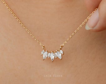 Perfect Marquise Gem Curve Necklace, Dual Size Cubic Cluster, Gold Plated, Dainty Minimalist Fine Jewelry, bridesmaid, Delicate Her Gift