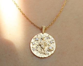 Aquarius Zodiac Coin Necklace, Melted Texture Pendant, Crystal Gem Paved Stamped, Dainty Gold Plated, Minimal Jewelry, January birthday Gift