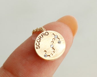Scorpio Zodiac Constellation Crystal Gem Paved Stamped Coin Necklace, Dainty 18k Gold Dipped, Minimalist Jewelry, birthday Gift