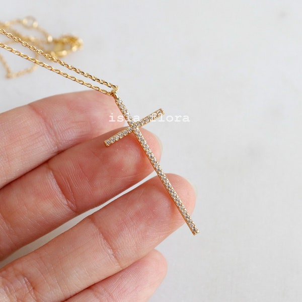 Crystal Paved Gold Thin Cross Necklace, Modern Symbol of Faith, Dainty, Delicate, Aesthetic, Minimalist Jewelry, Christian, Bridesmaid Gift