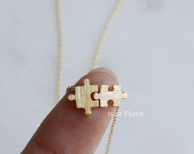 Dainty 'We Fit' Puzzle Piece Necklace, Brushed Look, Jigsaw, Gold Dipped Delicate, Silver Minimalist Jewelry, Layering, Bridesmaid Her Gift