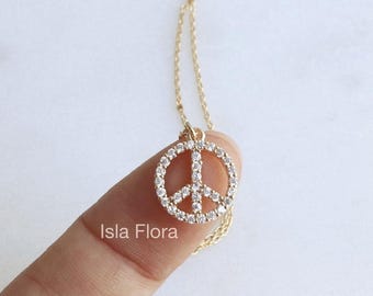 CZ Encrusted Peace Sign Necklace with Cubic Zirconia Studs, Gold Plated Symbolic Peaceful, Minimalist, Bridesmaid Her Gift