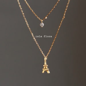 Eiffel Tower Layered Necklace, Single Cubic, Gold Dipped Parisian Charm, Miniature, Minimalist Jewelry Dainty Bridesmaid Her Graduation Gift