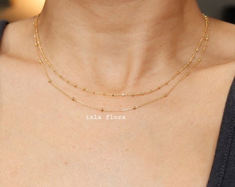 Double Layer Chain Choker Necklace, 18K Gold Plated, Silver 14 inch Tiny Gold Metal Beads, Bridesmaid, Stacking, Dainty, Minimal Bestie Gift