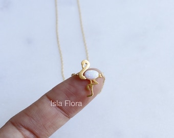 Dainty Opal Flamingo Pendant Necklace, Vibrant Gold Plated, Delicate and Magical, Retro Charm Minimalist Jewelry, Layering Her Coastal Gift