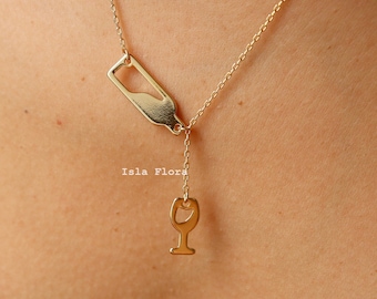Pouring Wine Bottle & Glass Charm Necklace, 18k Gold Dipped, Detailed Jewelry, Wino, Winery Tasting, Minimalist, bridesmaid Vineyard Gift