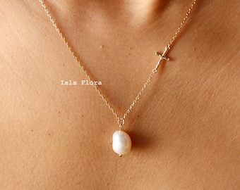 Freshwater Pearl Dainty Cross Duo Necklace, 18k Gold Plated Coastal Charm, Silver Aesthetic, Sea Ocean Minimalist Jewelry, God Daughter Gift