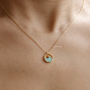 Aqua Turquoise Wave Coin Pendant Necklace, 18K Gold Dipped, See Through Jewelry, Detailed, Delicate, Minimalist Jewelry, bridesmaid Gift