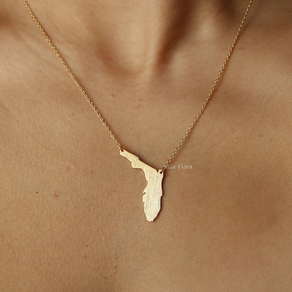 18k Gold-Dipped Brushed Florida State Pendant Necklace, Sunshine State Pride, Fine, Delicate, Minimalist Jewelry, Dainty Necklace Charm Gift