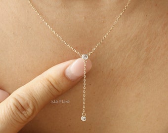 Twin Single Stud Dainty Lariat Necklace, Aesthetic Y chain, Fine Detail, Minimalist Jewelry, Bridesmaid Her Gift