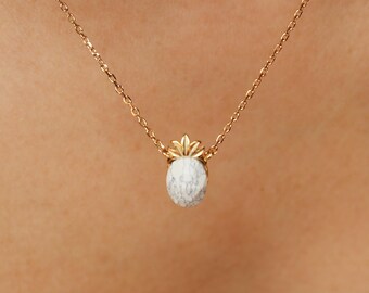 Dainty Pineapple Necklace, Stone Charm, Marble Howlite White, Hawaiian, Fruit, bridesmaid, Vacation Gift