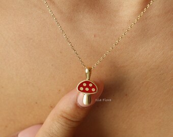 Dainty Flat Red Button Mushroom Necklace, Gold Plated Enamel Magic Mini Shroom, Wonderland, Cute Cosplay Minimalist Jewelry, Layering Gift