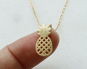 Brushed Pineapple Cutout Charm Necklace, Plated Chain, Dainty Minimalist, Layering, Boho Summer Jewelry, Fruity Vibes Bridesmaid Her Gift