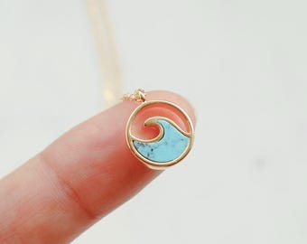 White Howlite or Turquoise Wave Coin Pendant Necklace, Dainty Gold Plated, Coastal Jewelry, Detailed, Delicate, Minimal, bridesmaid Gift