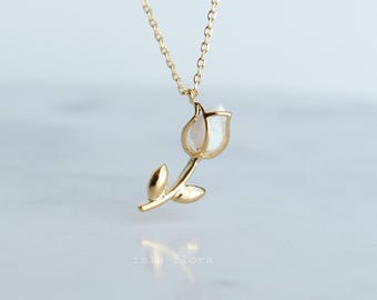 Isla Flora Dainty Encased Floating Opal Tulip Necklace, Aesthetic, Simple, Gold, Silver, Minimal Jewelry, bridesmaid, Delicate, Her Gift