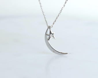 Thin Crescent Moon Star Charm Necklace, Tiny cubic, Double Pendant Silver Celestial Pendent, Minimalist Jewelry, bridesmaid Her Gift