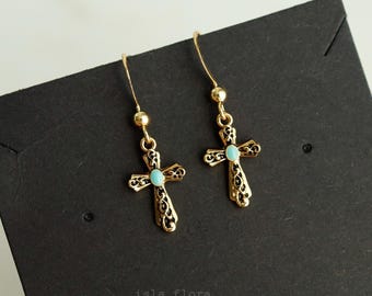 Mint Milky Enamel Western Cross Earrings, Gold Gothic Rustic Vintage Drop Hook, Cowgirl, Minimalist, Cowboy Bridesmaid Gift