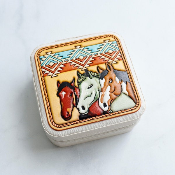 Horse Jewelry Box, Cute Stylish Horses Tooled Vegan Leather Case, Travel Zip Pouch, Perfect Gift, Western, Rural Rustic Nature, Aztec Design