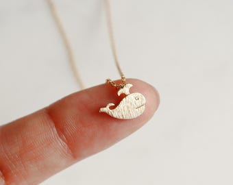 Tiny Whale Necklace, Simple Brushed Dainty Whale Spout Gold, Cute Sea Outline, Minimal Jewelry, Bridesmaid Her Gift