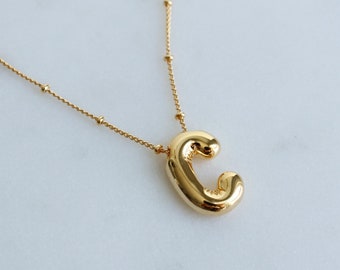 Large Chunky Letter C Necklace, Gold Plated Satellite chain, Bubble Balloon Alphabet Pendant, Personal Jewelry, Cute Bridesmaid Bestie Gift